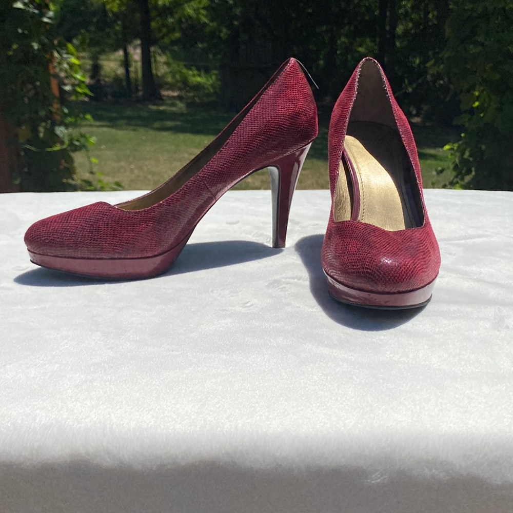 Wine color 3” Circa Joan David Luxe heels. Has a snakeskin print